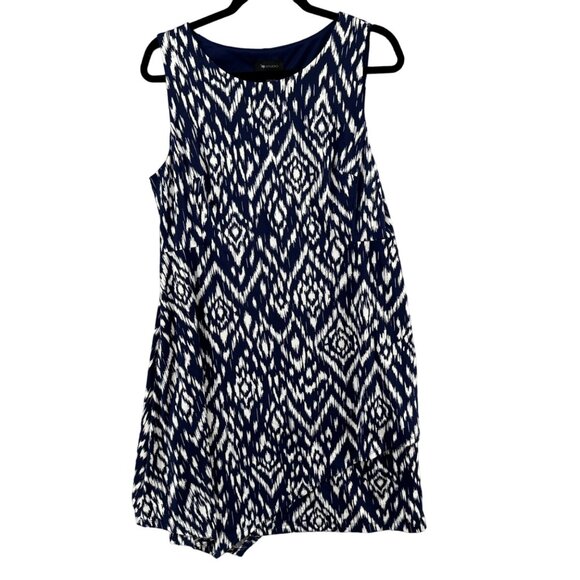 AB Studio Ikat Mini Dress Blue White Sleeveless Lined Stretch Pullover Size L - Picture 1 of 9